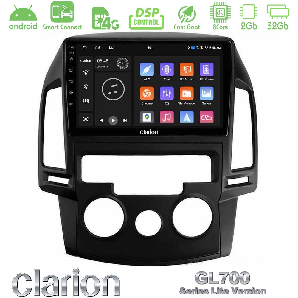 Clarion GL700 Lite Series 8Core Android ClarionOS 2+32GB Hyundai i30 2007-2012 Manual A/C Navigation Multimedia Tablet 9" Με Carplay & Android Auto