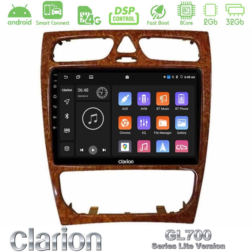 Clarion GL700 Lite Series 8Core Android ClarionOS 2+32GB Mercedes C Class (W203) Navigation Multimedia Tablet 9" (Wooden Style) Με Carplay & Android Auto