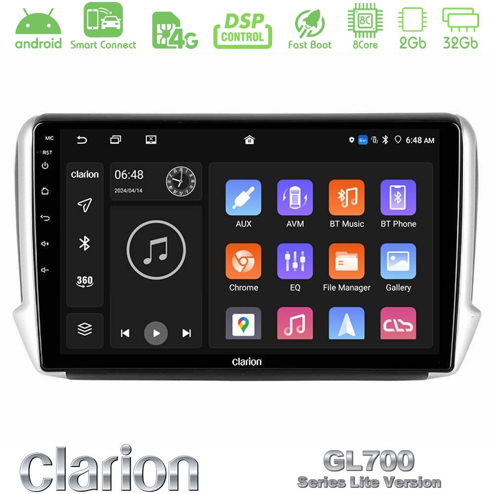 Clarion GL700 Lite Series 8Core Android ClarionOS 2+32GB Peugeot 208/2008 Navigation Multimedia Tablet 10" Με Carplay & Android Auto