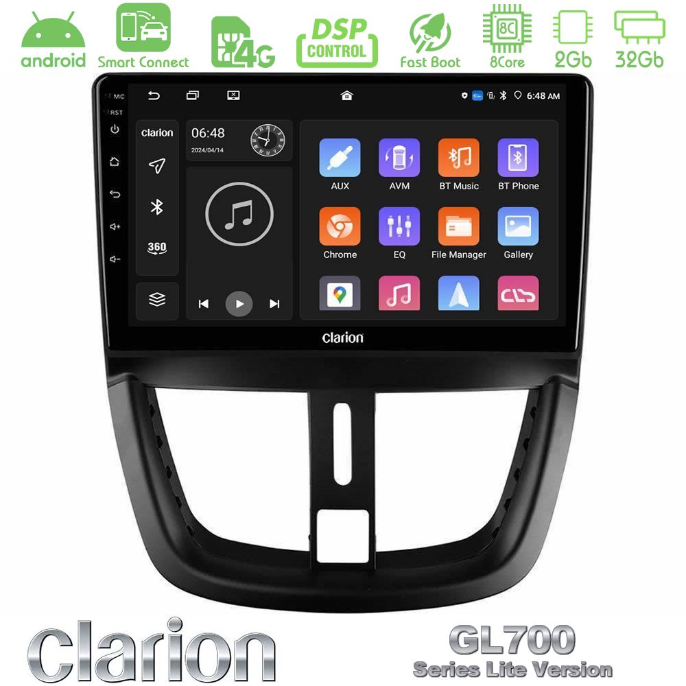 Clarion GL700 Lite Series 8Core Android ClarionOS 2+32GB Peugeot 207 Navigation Multimedia Tablet 9" Με Carplay & Android Auto