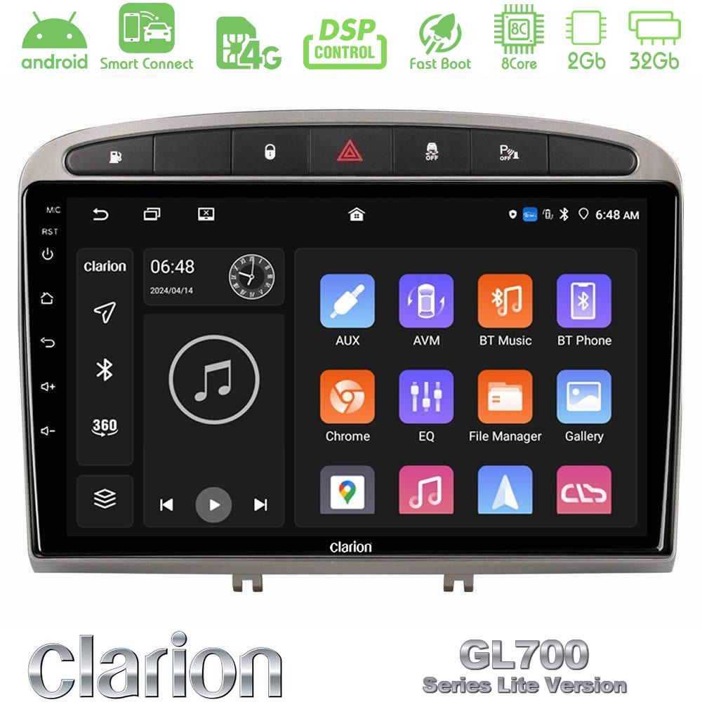 Clarion GL700 Lite Series 8Core Android ClarionOS 2+32GB Peugeot 308/RCZ Navigation Multimedia Tablet 9" (Ασημί Χρώμα) Με Carplay & Android Auto