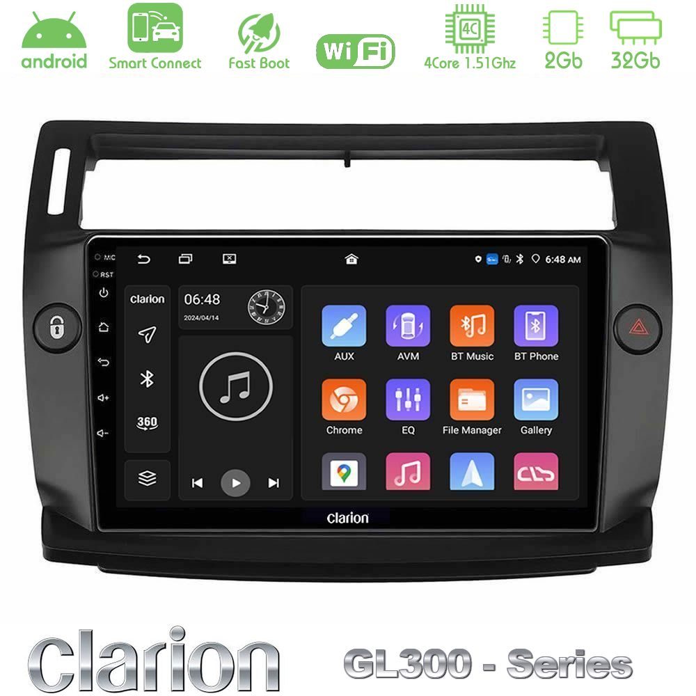 Clarion GL300 Series 4Core Android ClarionOS 2+32GB Citroen C4 2004-2010 Navigation Multimedia Tablet 9" (μαύρο χρώμα) Με Carplay & Android Auto