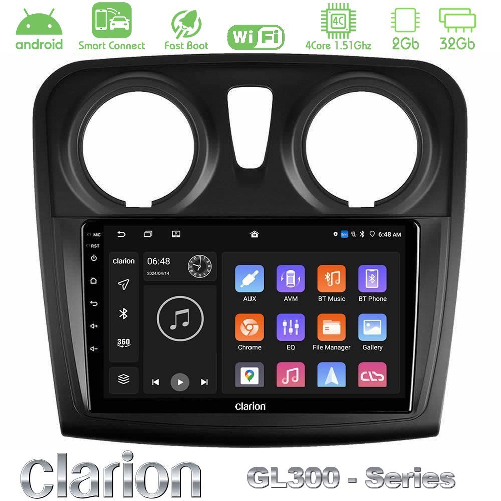 Clarion GL300 Series 4Core Android ClarionOS 2+32GB Dacia Sandero 2014-2020 Navigation Multimedia Tablet 9" Με Carplay & Android Auto