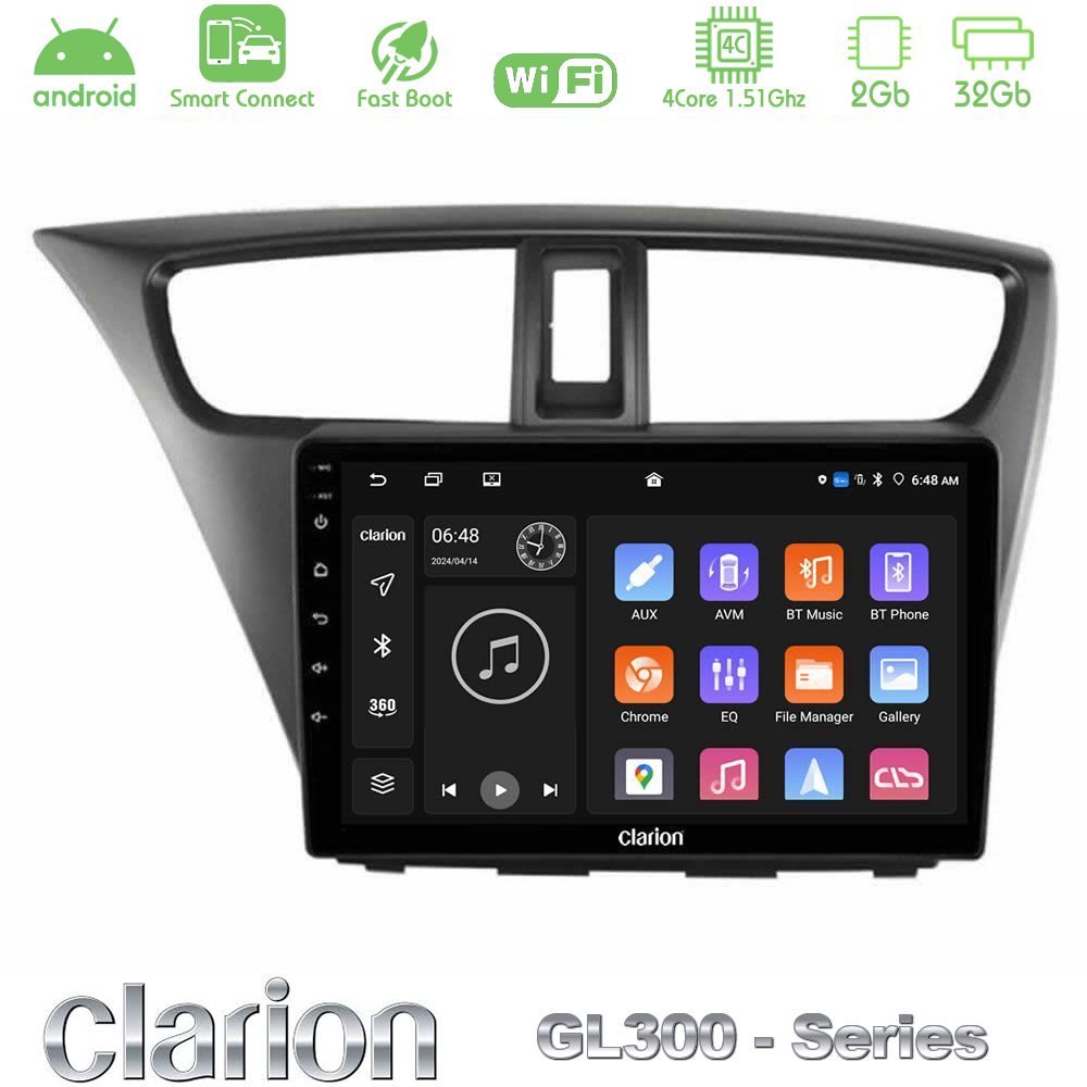 Clarion GL300 Series 4Core Android ClarionOS 2+32GB Honda Civic Hatchback 2012-2015 Navigation Multimedia Tablet 9" Με Carplay & Android Auto