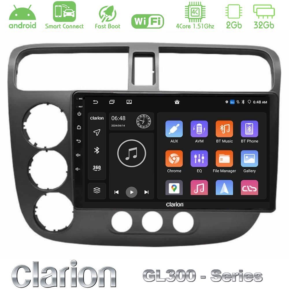 Clarion GL300 Series 4Core Android ClarionOS 2+32GB Honda Civic 2001-2005 Navigation Multimedia Tablet 9" Με Carplay & Android Auto