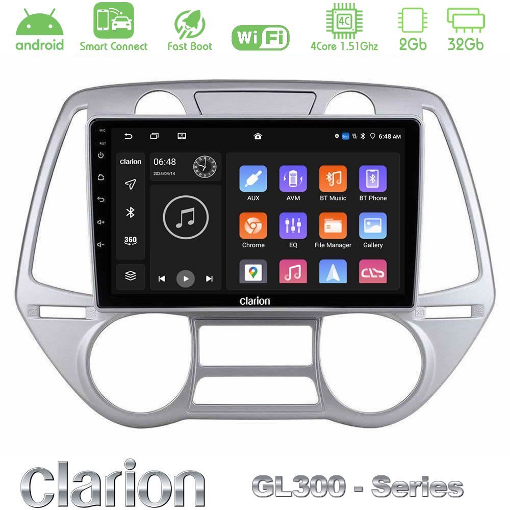 Clarion GL300 Series 4Core Android ClarionOS 2+32GB Hyundai i20 2009-2012 Auto A/C Navigation Multimedia Tablet 9" Με Carplay & Android Auto