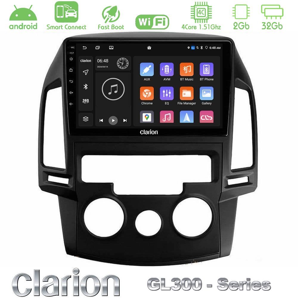 Clarion GL300 Series 4Core Android ClarionOS 2+32GB Hyundai i30 2007-2012 Manual A/C Navigation Multimedia Tablet 9" Με Carplay & Android Auto