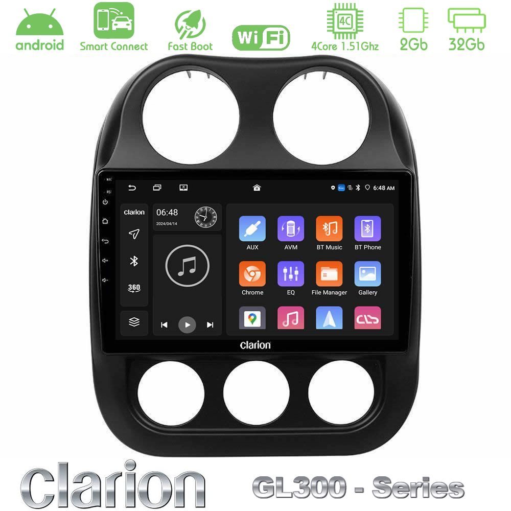 Clarion GL300 Series 4Core Android ClarionOS 2+32GB Jeep Compass 2012-2016 Navigation Multimedia Tablet 10" Με Carplay & Android Auto