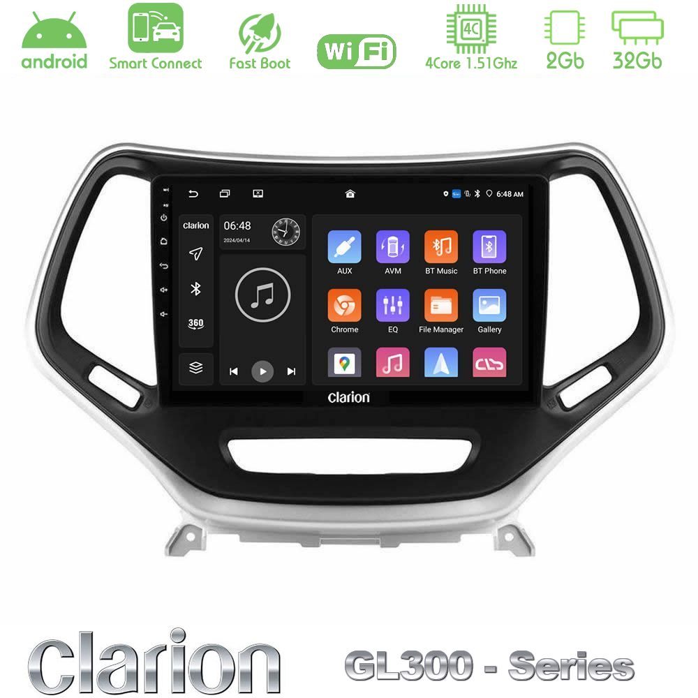 Clarion GL300 Series 4Core Android ClarionOS 2+32GB Jeep Cherokee 2014-2019 Navigation Multimedia Tablet 9" (Ασημί Χρώμα) Με Carplay & Android Auto