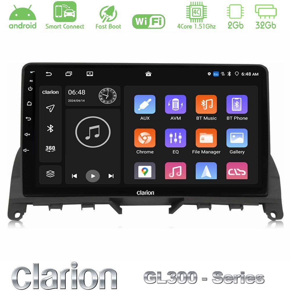 Clarion GL300 Series 4Core Android ClarionOS 2+32GB Mercedes C Class W204 Navigation Multimedia Tablet 9" Με Carplay & Android Auto