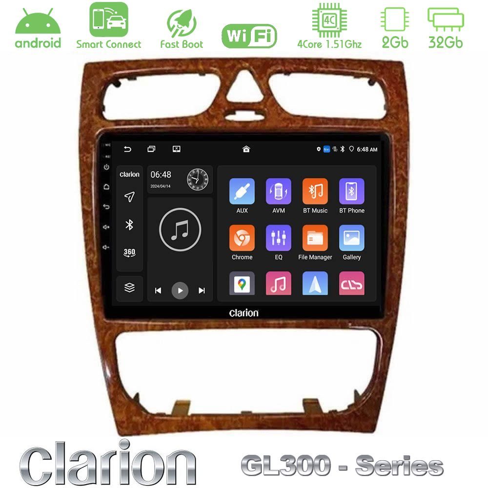Clarion GL300 Series 4Core Android ClarionOS 2+32GB Mercedes C Class (W203) Navigation Multimedia Tablet 9" (Wooden Style) Με Carplay & Android Auto