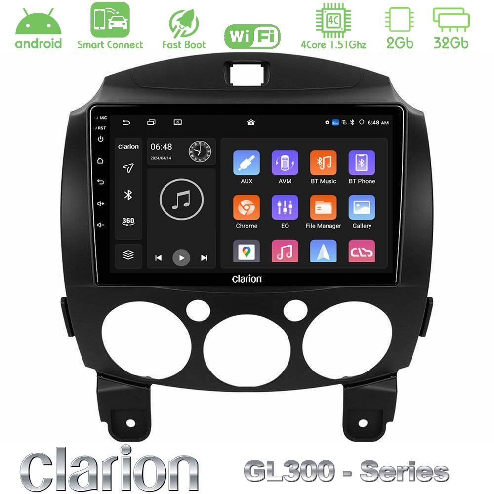 Clarion GL300 Series 4Core Android ClarionOS 2+32GB Mazda 2 2008-2014 Navigation Multimedia Tablet 9" Με Carplay & Android Auto