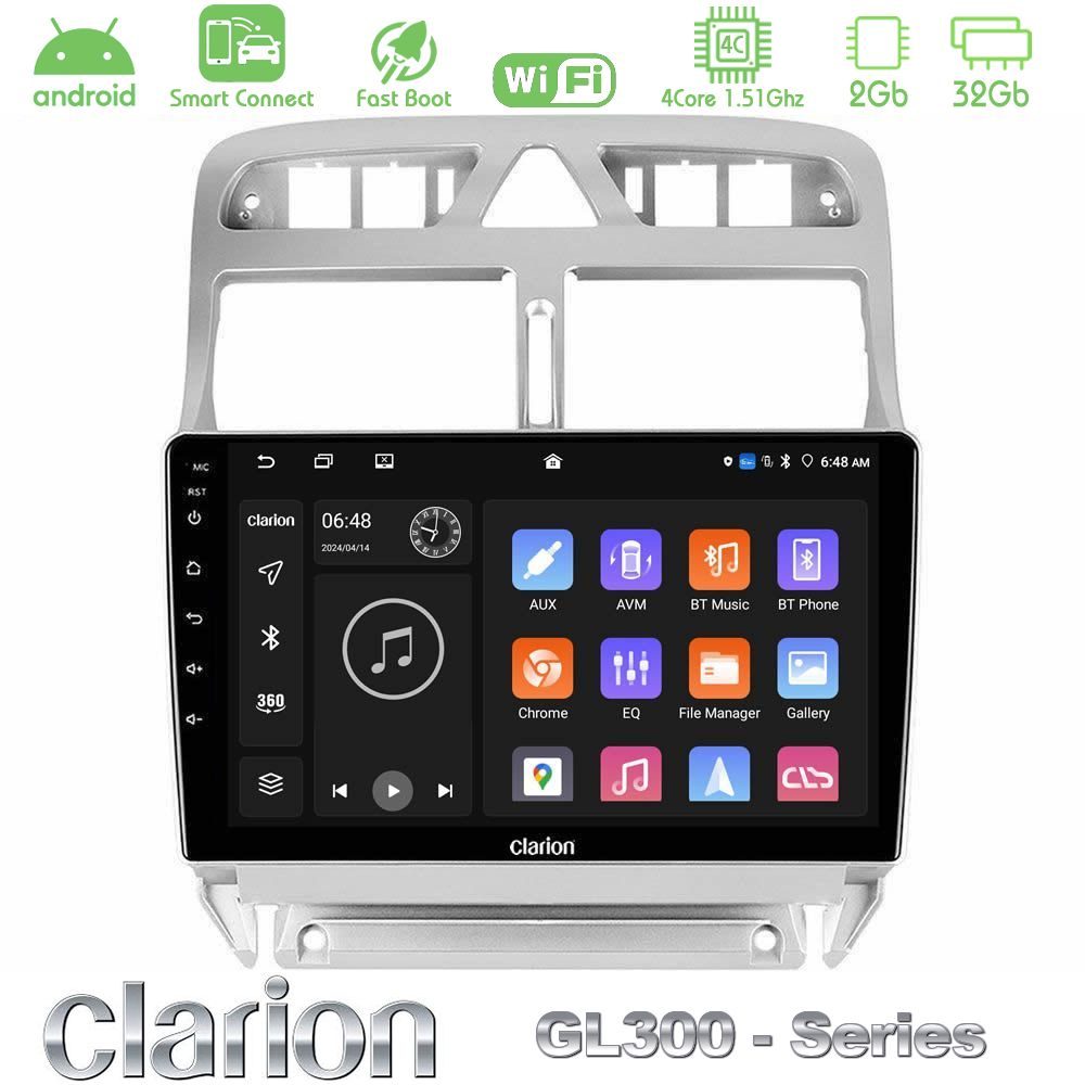 Clarion GL300 Series 4Core Android ClarionOS 2+32GB Peugeot 307 2002-2008 Navigation Multimedia Tablet 9" Με Carplay & Android Auto