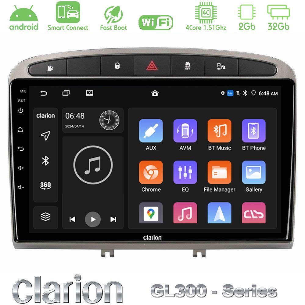 Clarion GL300 Series 4Core Android ClarionOS 2+32GB Peugeot 308/RCZ Navigation Multimedia Tablet 9" (Ασημί Χρώμα) Με Carplay & Android Auto
