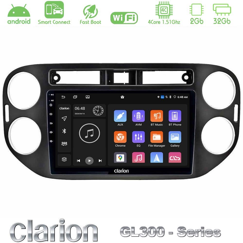 Clarion GL300 Series 4Core Android ClarionOS 2+32GB VW Tiguan Navigation Multimedia Tablet 9" (23mm alarm button) Με Carplay & Android Auto