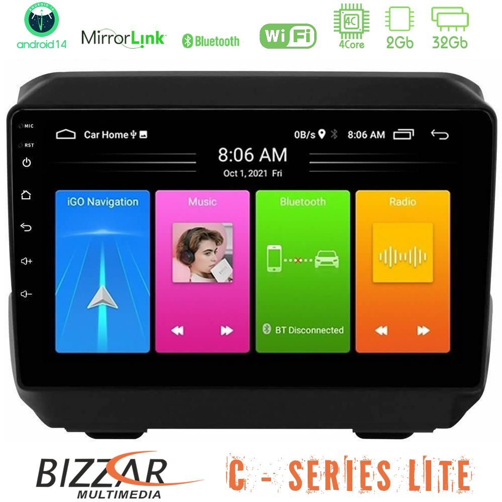 Bizzar C Series Lite 4Core Android14 2+32GB Jeep Wrangler 2018-> Navigation Multimedia Tablet 9"