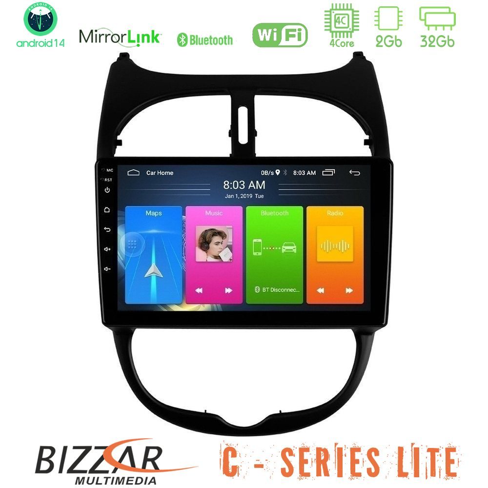 Bizzar C Series Lite 4Core Android14 2+32GB Peugeot 206 Navigation Multimedia Tablet 9"