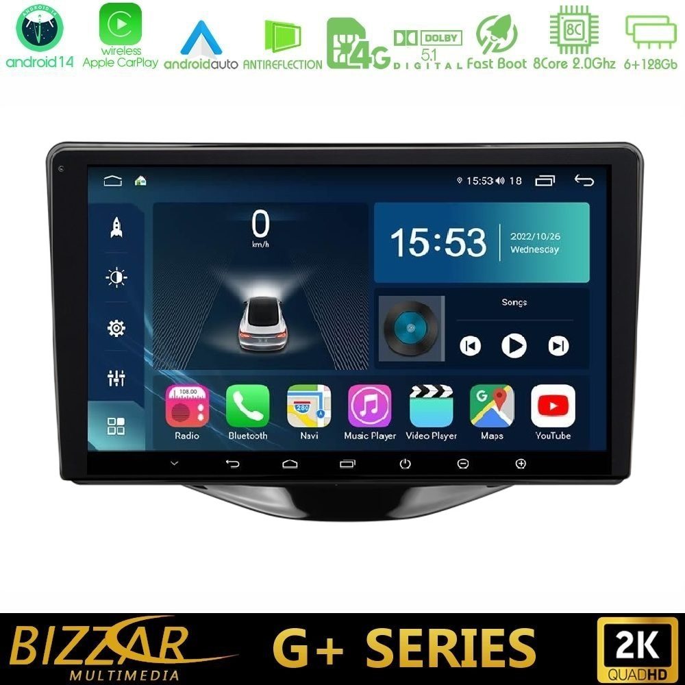 Bizzar G+ Series Toyota Aygo | Citroen C1 | Peugeot 108 8core Android14 6+128GB Navigation Multimedia Tablet 9"