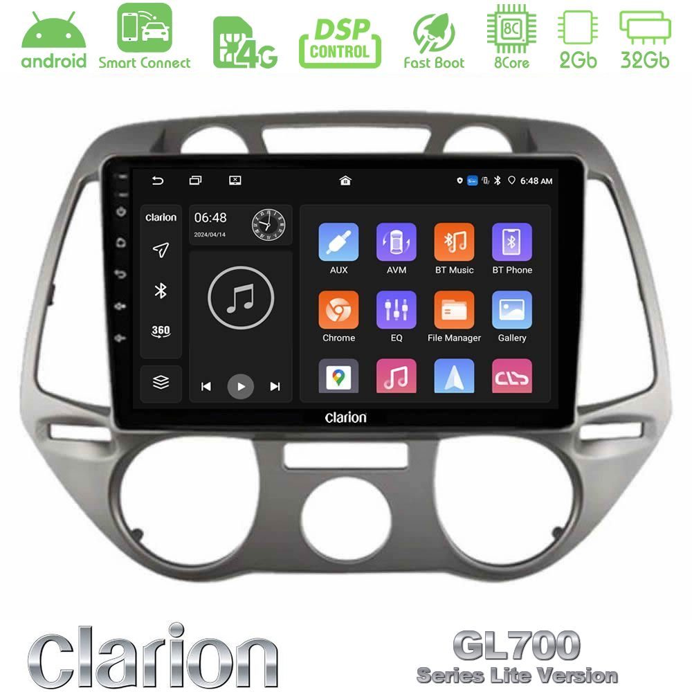 Clarion GL700 Lite Series 8Core Android ClarionOS 2+32GB Hyundai i20 2009-2012 Manual A/C Navigation Multimedia Tablet 9" Με Carplay & Android Auto