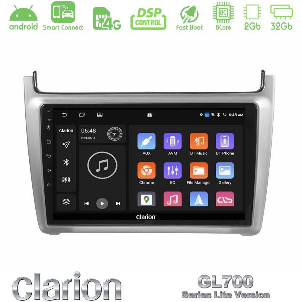 Clarion GL700 Lite Series 8Core Android ClarionOS 2+32GB Vw Polo 2014-2017 Navigation Multimedia Tablet 9" Με Carplay & Android Auto (Silver)
