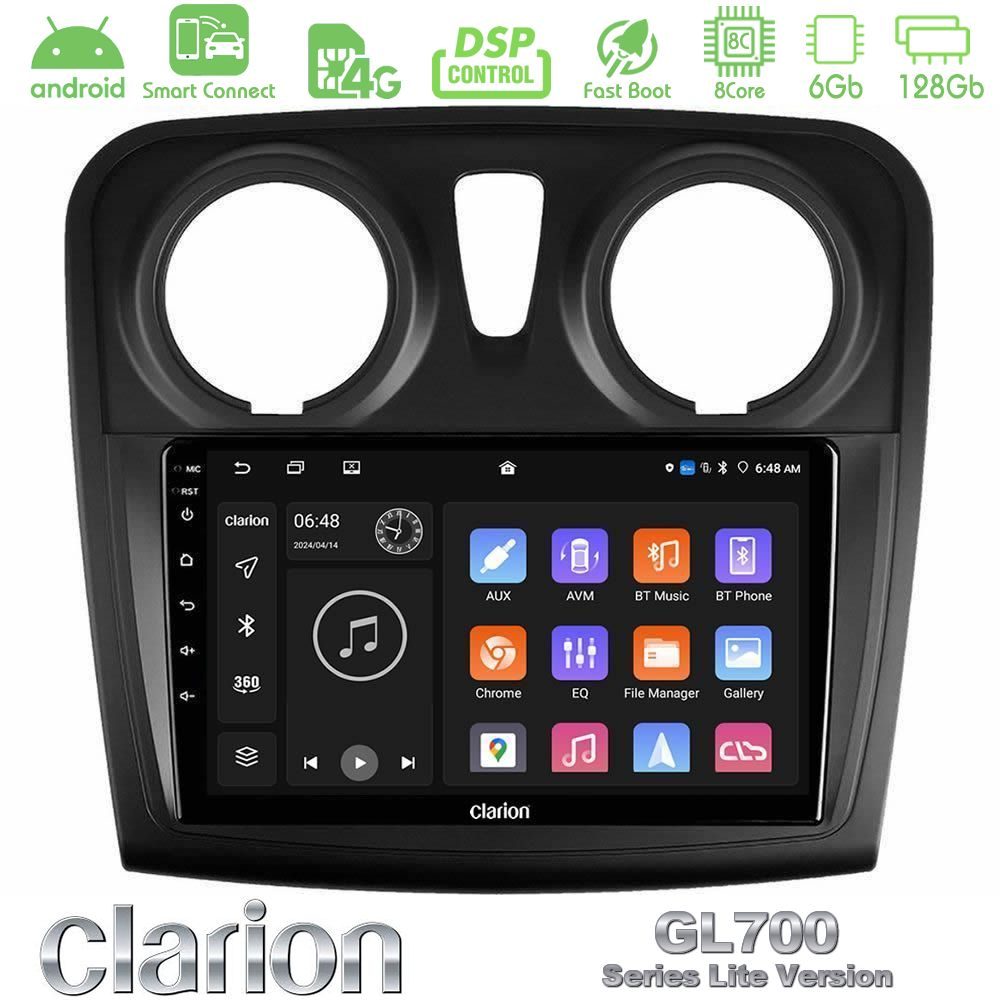 Clarion GL700 Lite Series 8Core Android ClarionOS 6+128GB Dacia Sandero 2014-2020 Navigation Multimedia Tablet 9" Με Carplay & Android Auto