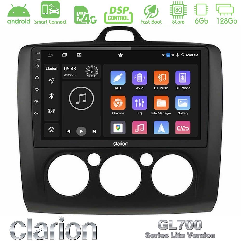 Clarion GL700 Lite Series 8Core Android ClarionOS 6+128GB Ford Focus Manual AC Navigation Multimedia Tablet 9" (Μαύρο Χρώμα) Με Carplay & Android Auto