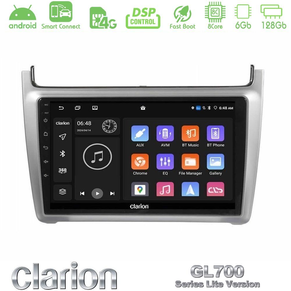 Clarion GL700 Lite Series 8Core Android ClarionOS 6+128GB Vw Polo 2014-2017 Navigation Multimedia Tablet 9" Με Carplay & Android Auto (Silver)