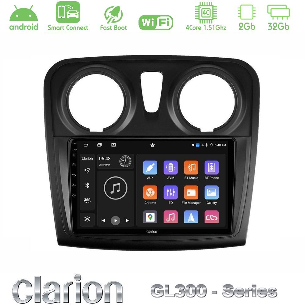 Clarion GL300 Series 4Core Android ClarionOS 2+32GB Dacia Dokker 2014-2021 Navigation Multimedia Tablet 9" Με Carplay & Android Auto