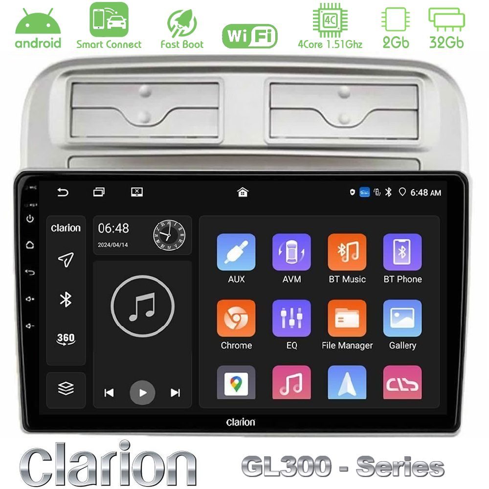 Clarion GL300 Series 4Core Android ClarionOS 2+32GB Fiat Grande Punto 2006-2011 Navigation Multimedia Tablet 9" Με Carplay & Android Auto