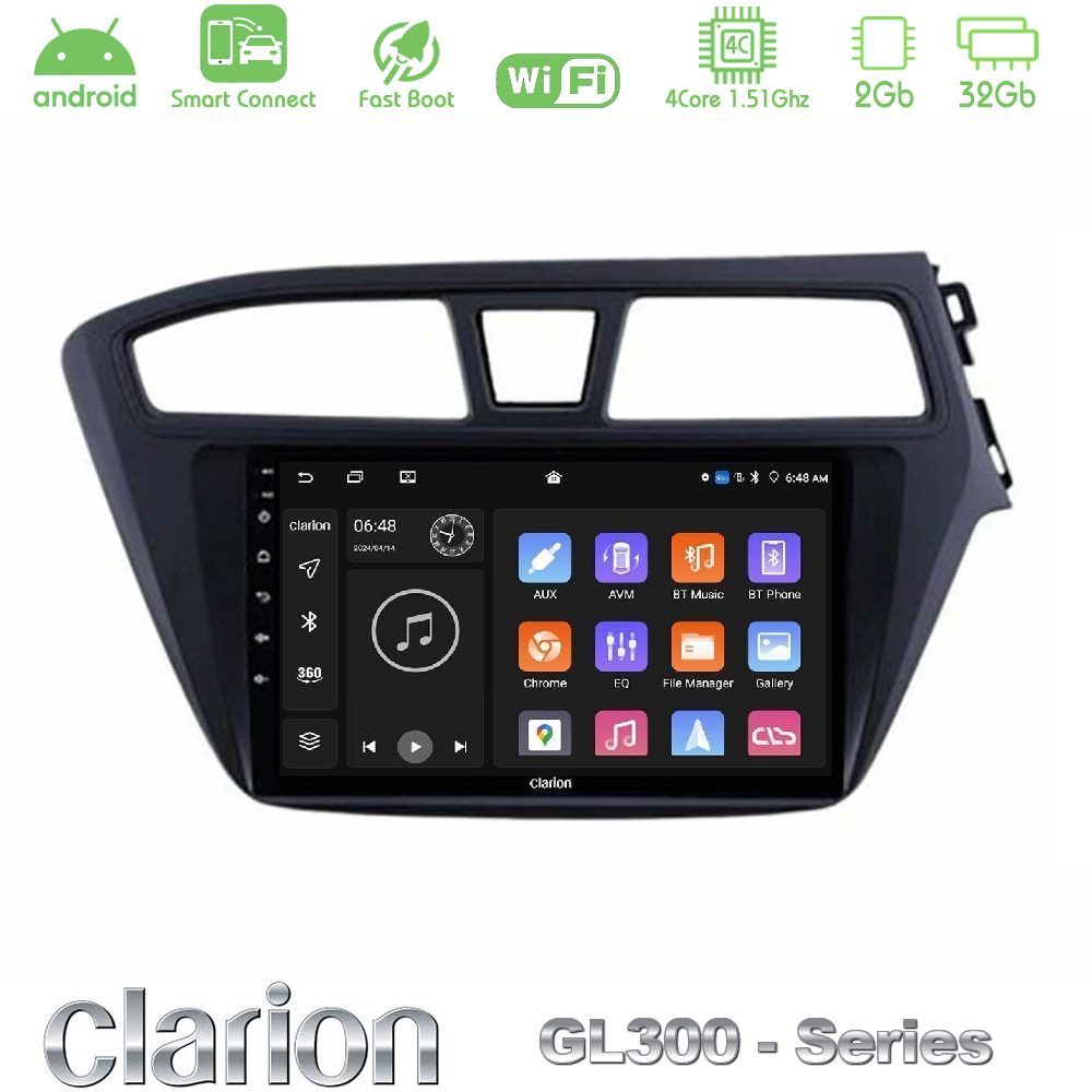 Clarion GL300 Series 4Core Android ClarionOS 2+32GB Hyundai i20 2014-2018 RHD Navigation Multimedia Tablet 9" Με Carplay & Android Auto