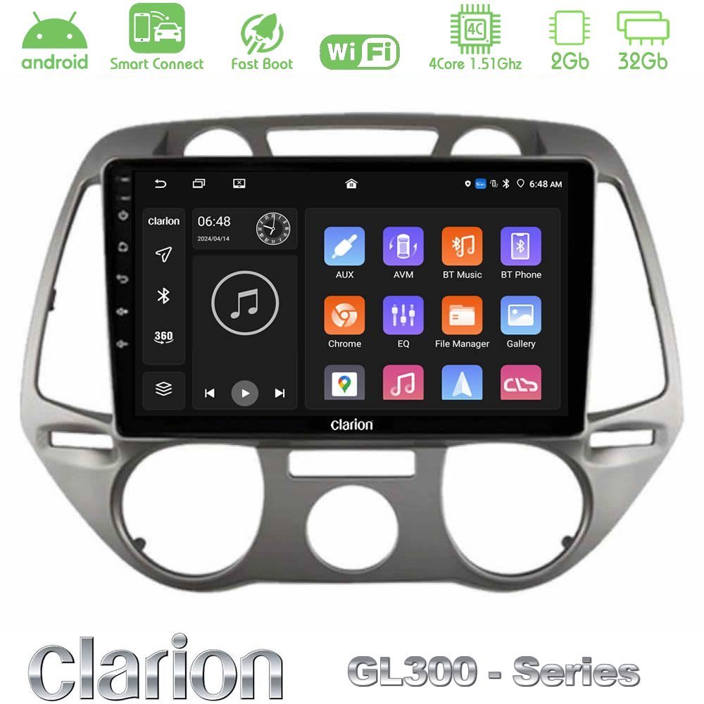 Clarion GL300 Series 4Core Android ClarionOS 2+32GB Hyundai i20 2009-2012 Manual A/C Navigation Multimedia Tablet 9" Με Carplay & Android Auto