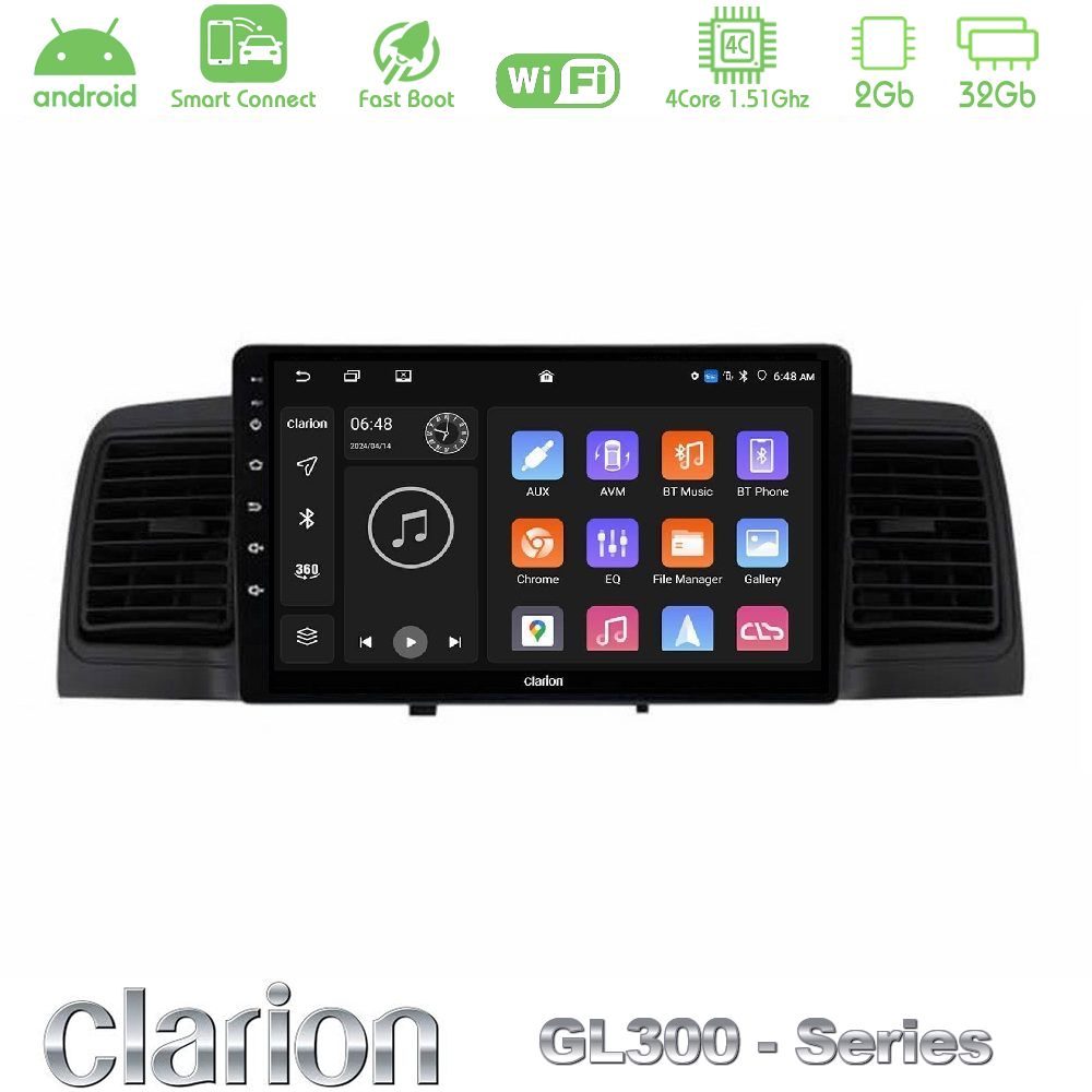 Clarion GL300 Series 4Core Android ClarionOS 2+32GB Toyota Corolla 2002-2006 Navigation Multimedia Tablet 9" Με Carplay & Android Auto