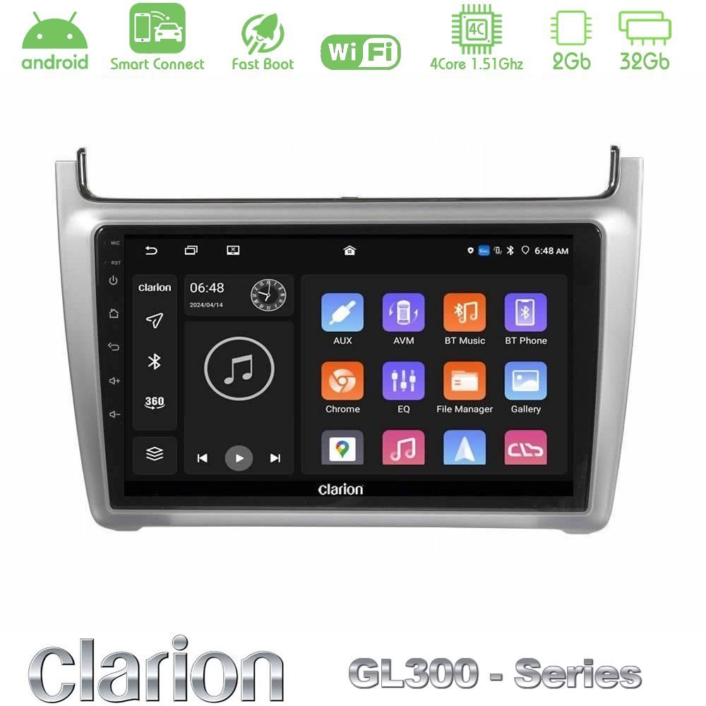 Clarion GL300 Series 4Core Android ClarionOS 2+32GB Vw Polo 2014-2017 Navigation Multimedia Tablet 9" Με Carplay & Android Auto (Silver)