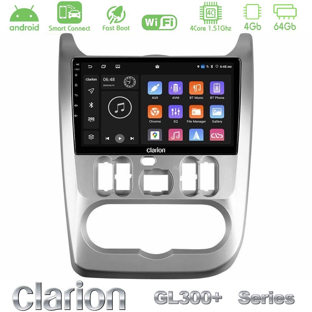 Clarion GL300+ Series 4Core Android ClarionOS 4+64GB Dacia Duster/Sandero/Logan Navigation Multimedia Tablet 9"
