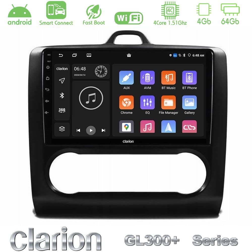 Clarion GL300+ Series 4Core Android ClarionOS 4+64GB  Ford Focus Auto AC Navigation Multimedia Tablet 9" (Μαύρο Χρώμα)