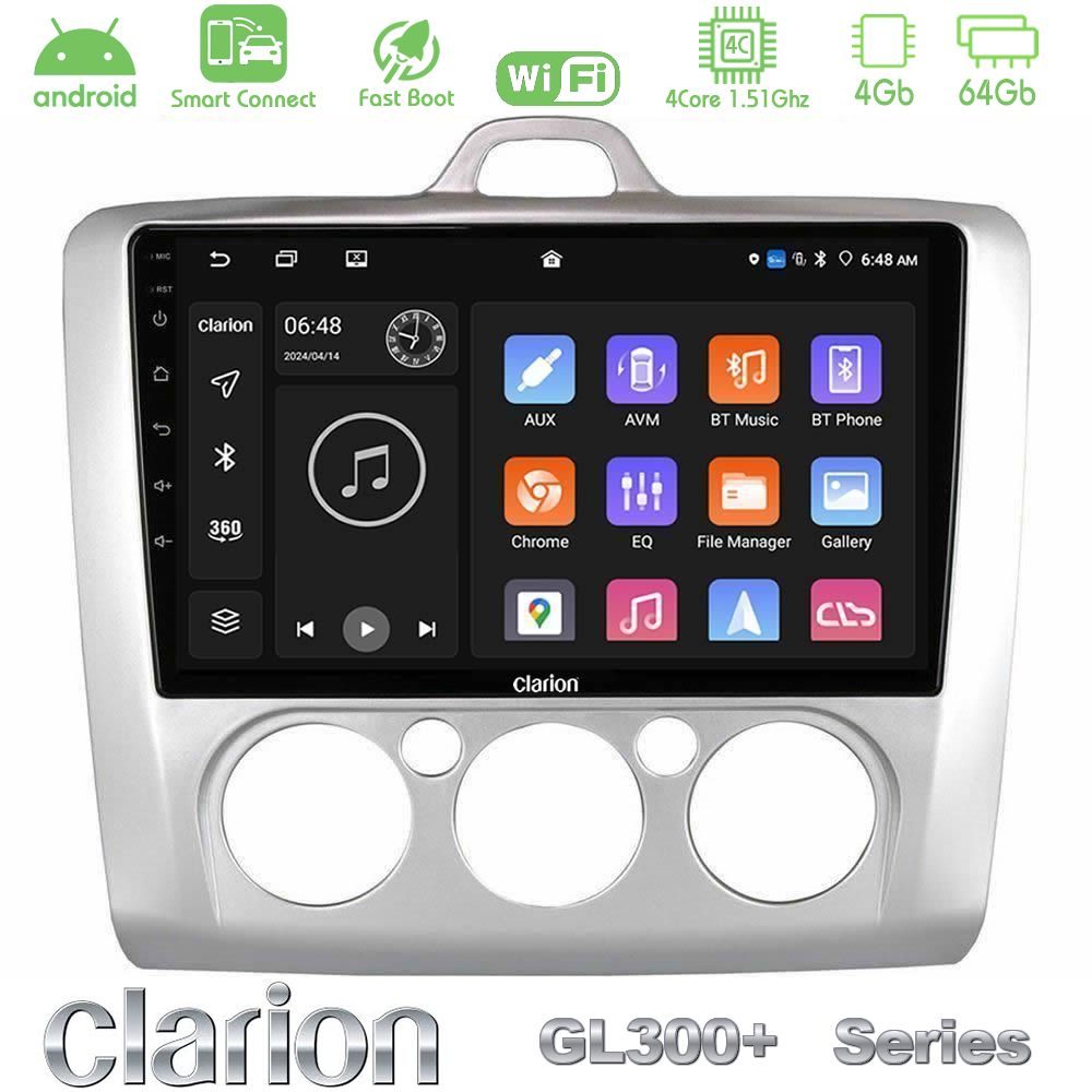Clarion GL300+ Series 4Core Android ClarionOS 4+64GB  Ford Focus Manual AC Navigation Multimedia Tablet 9"