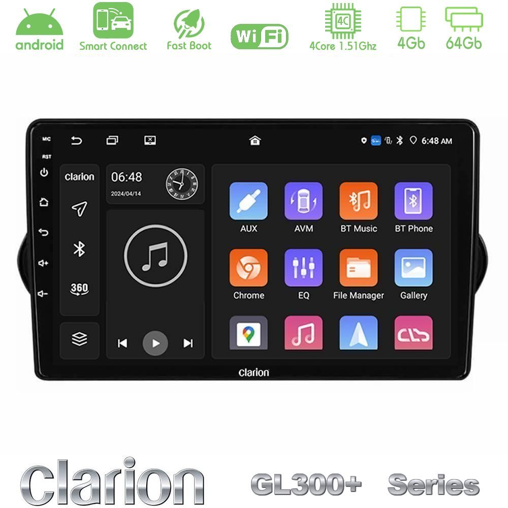 Clarion GL300+ Series 4Core Android ClarionOS 4+64GB Fiat Tipo 2015-2022 (Sedan) Navigation Multimedia Tablet 9"