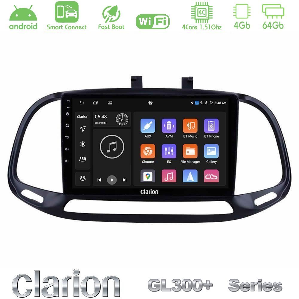 Clarion GL300+ Series 4Core Android ClarionOS 4+64GB Fiat Doblo 2015-2022 Navigation Multimedia Tablet 9"