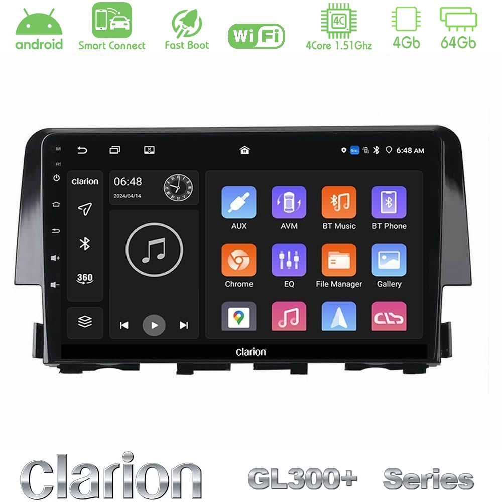Clarion GL300+ Series 4Core Android ClarionOS 4+64GB  Honda Civic 2016-2020 Navigation Multimedia Tablet 9"