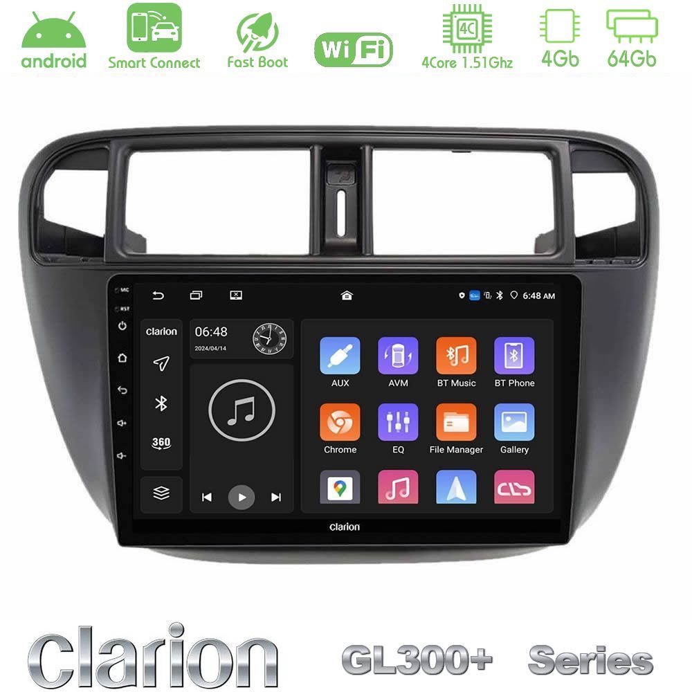 Clarion GL300+ Series 4Core Android ClarionOS 4+64GB Honda Civic 1995-2001 Navigation Multimedia Tablet 9"