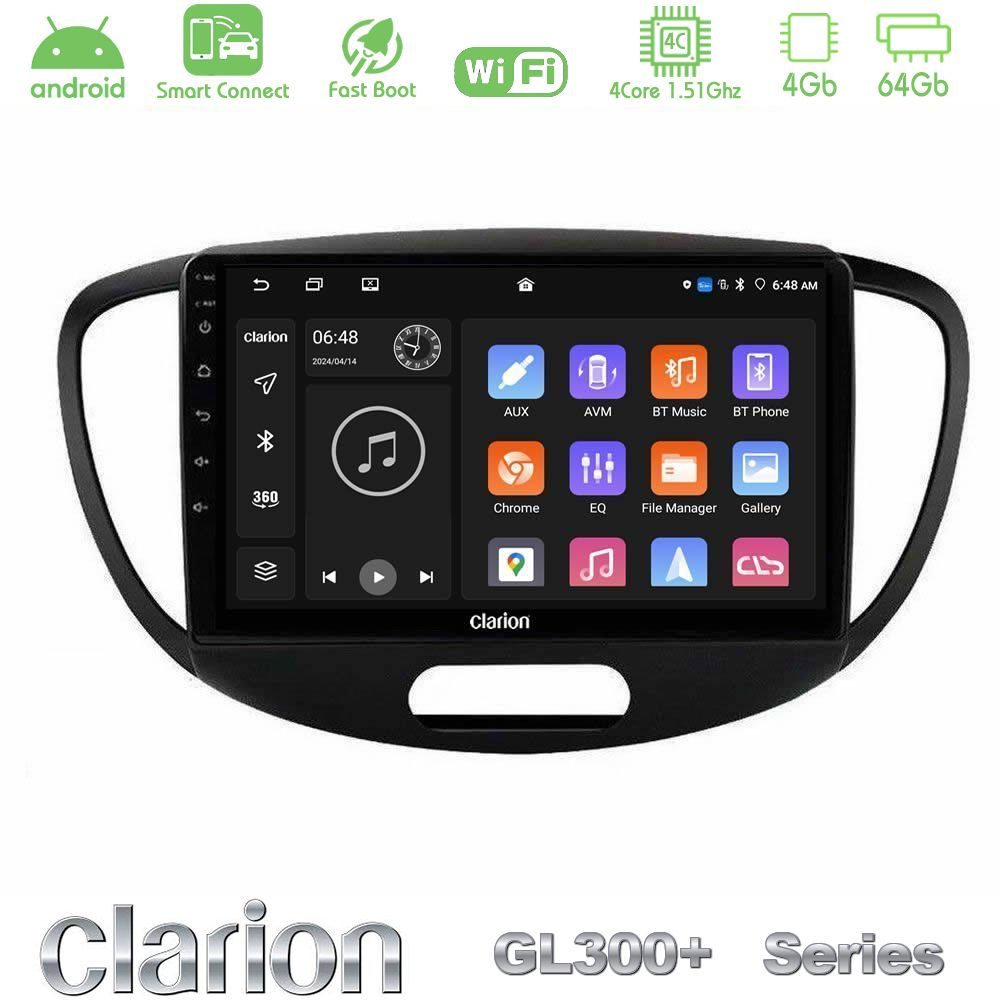 Clarion GL300+ Series 4Core Android ClarionOS 4+64GB Hyundai i10 2008-2014 Navigation Multimedia Tablet 9"