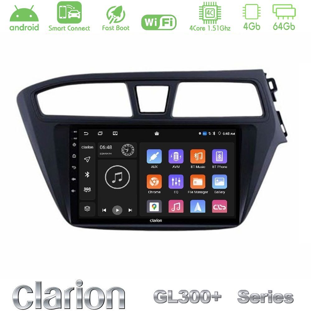 Clarion GL300+ Series 4Core Android ClarionOS 4+64GB Hyundai i20 2014-2018 RHD Navigation Multimedia Tablet 9"