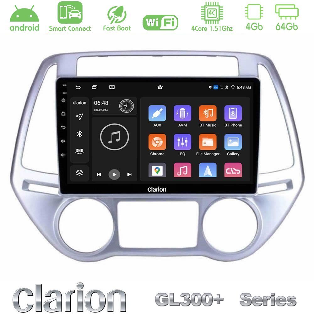 Clarion GL300+ Series 4Core Android ClarionOS 4+64GB Hyundai i20 2012-2014 Navigation Multimedia Tablet 9"