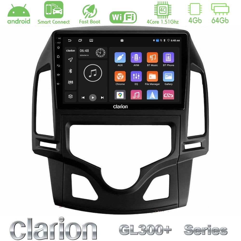 Clarion GL300+ Series 4Core Android ClarionOS 4+64GB Hyundai i30 2007-2012 Auto A/C Navigation Multimedia Tablet 9"