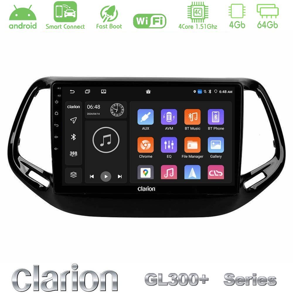 Clarion GL300+ Series 4Core Android ClarionOS 4+64GB  Jeep Compass 2017> Navigation Multimedia Tablet 10"