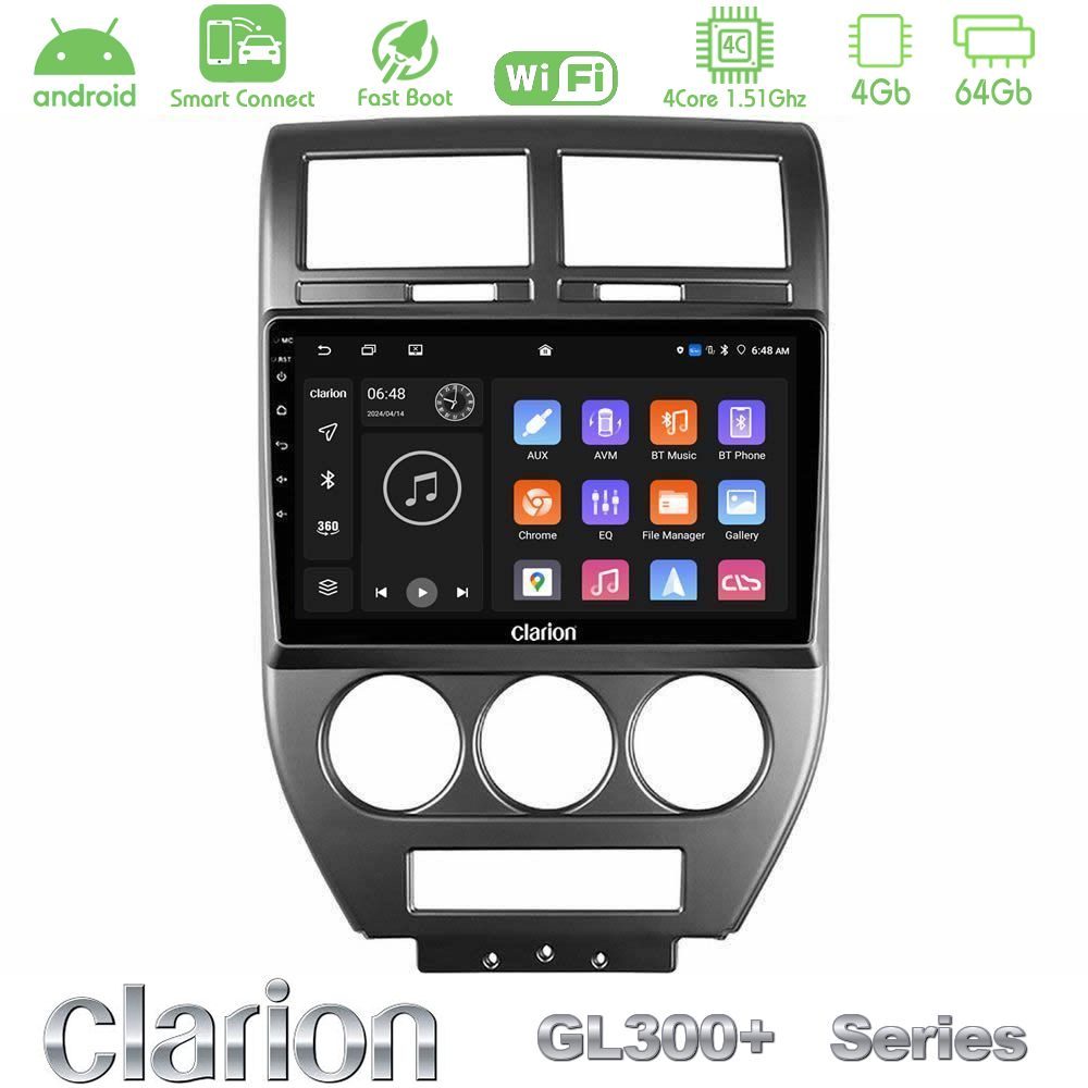 Clarion GL300+ Series 4Core Android ClarionOS 4+64GB Jeep Compass/Patriot 2007-2008 Navigation Multimedia Tablet 10"