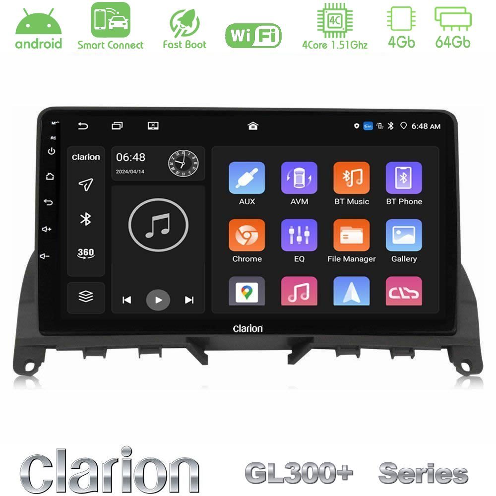 Clarion GL300+ Series 4Core Android ClarionOS 4+64GB Mercedes C Class W204 Navigation Multimedia Tablet 9" (Σκούρο καφέ)