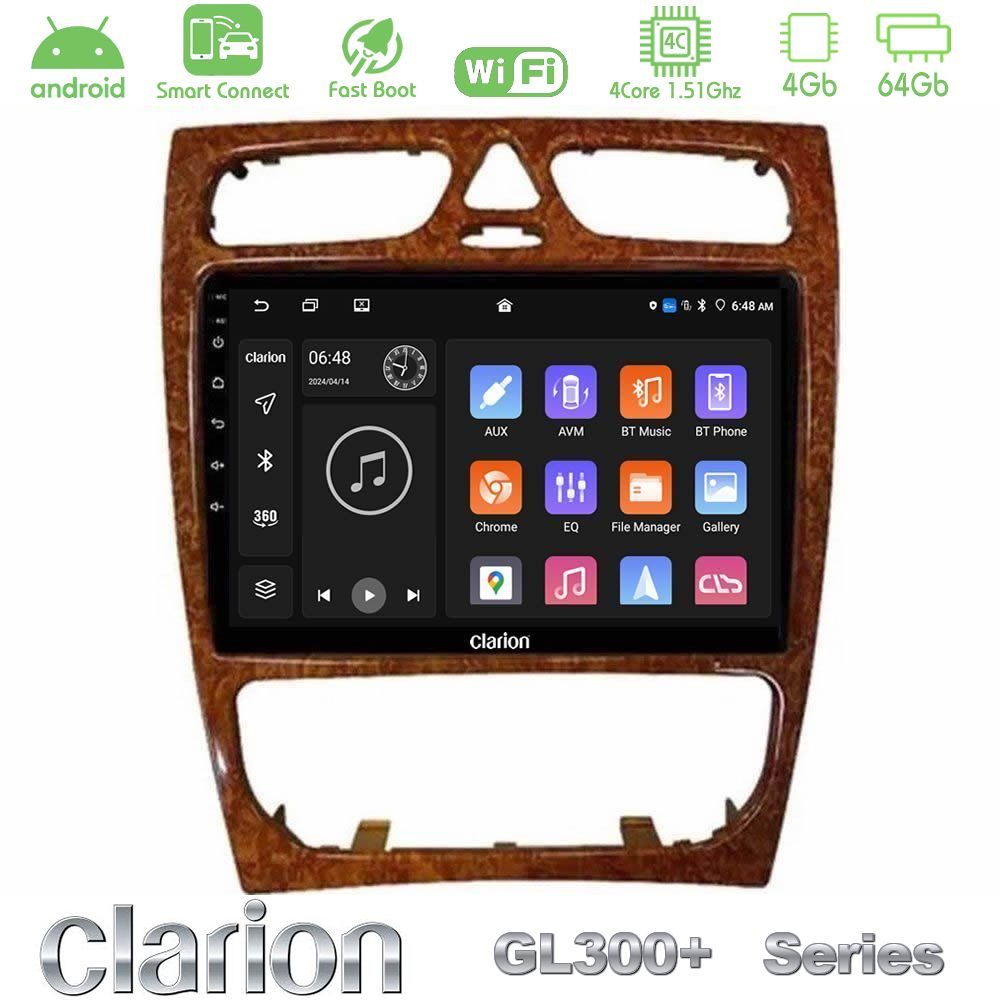 Clarion GL300+ Series 4Core Android ClarionOS 4+64GB Mercedes C Class (W203) Navigation Multimedia Tablet 9" (Wooden Style)