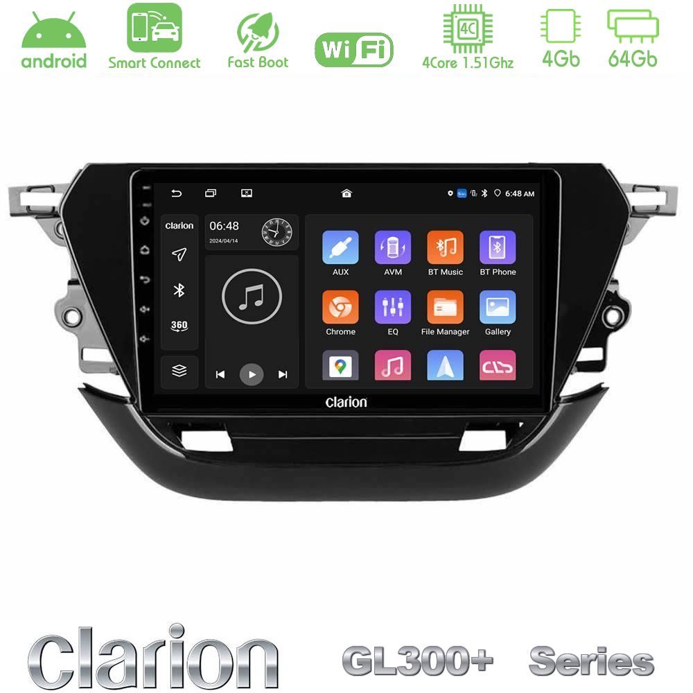 Clarion GL300+ Series 4Core Android ClarionOS 4+64GB Opel Corsa F 2019-2023 Navigation Multimedia Tablet 9"