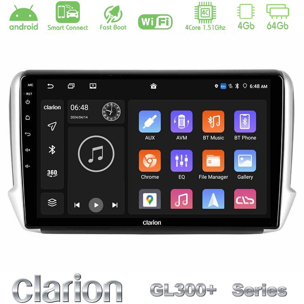 Clarion GL300+ Series 4Core Android ClarionOS 4+64GB Peugeot 208/2008 Navigation Multimedia Tablet 10"